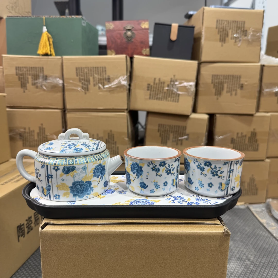 【闪购商品】月白汝窑海棠花茶壶茶具套装MC044