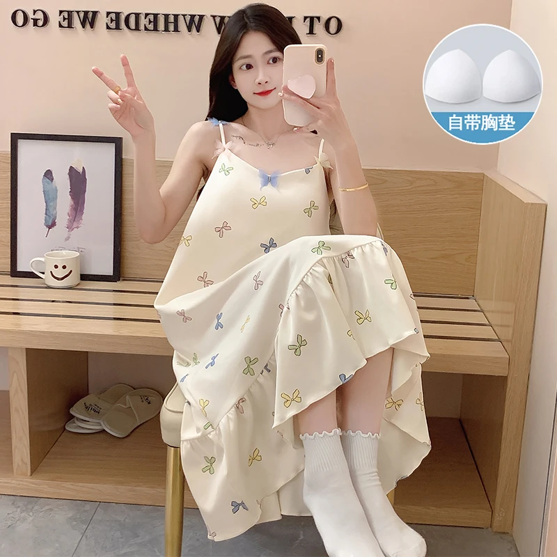 吊带睡衣女士夏季纯棉睡裙2025新款带胸垫甜美夏天薄款全棉家居服