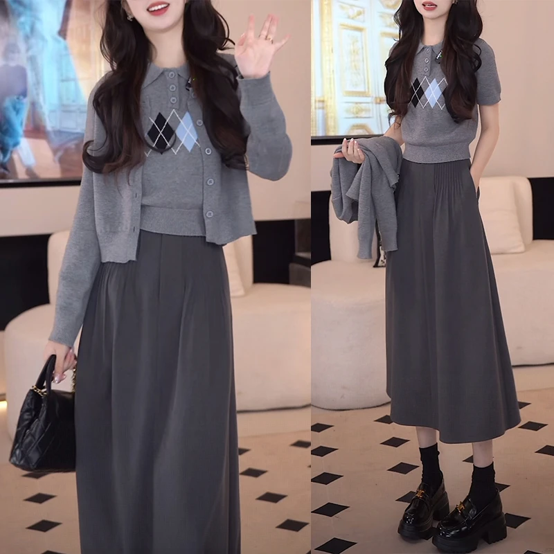 春秋休闲韩版气质显瘦百搭开衫+短袖+显瘦高腰半身裙三件套套装