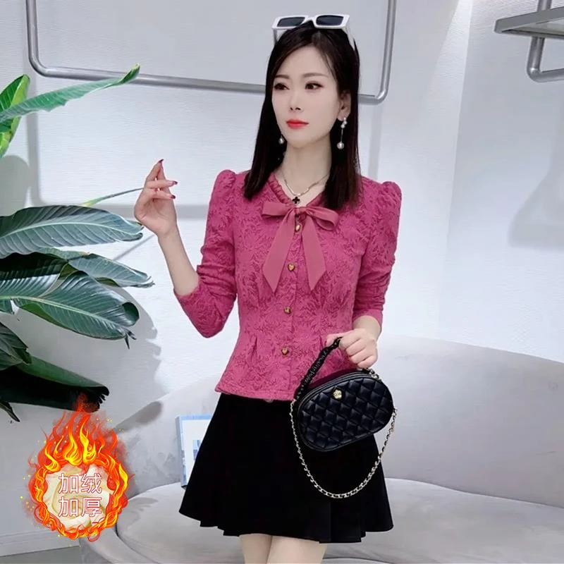 加绒加厚蕾丝衫女秋冬新款高级感时尚洋气显瘦打底衫外穿小衫