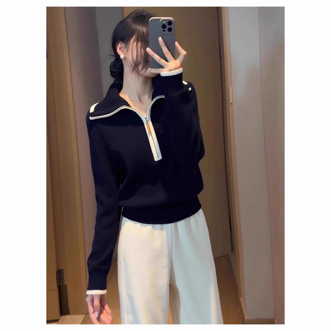 撞色半拉链大翻领针织衫秋季2025新款慵懒风百搭减龄显瘦套头毛衣