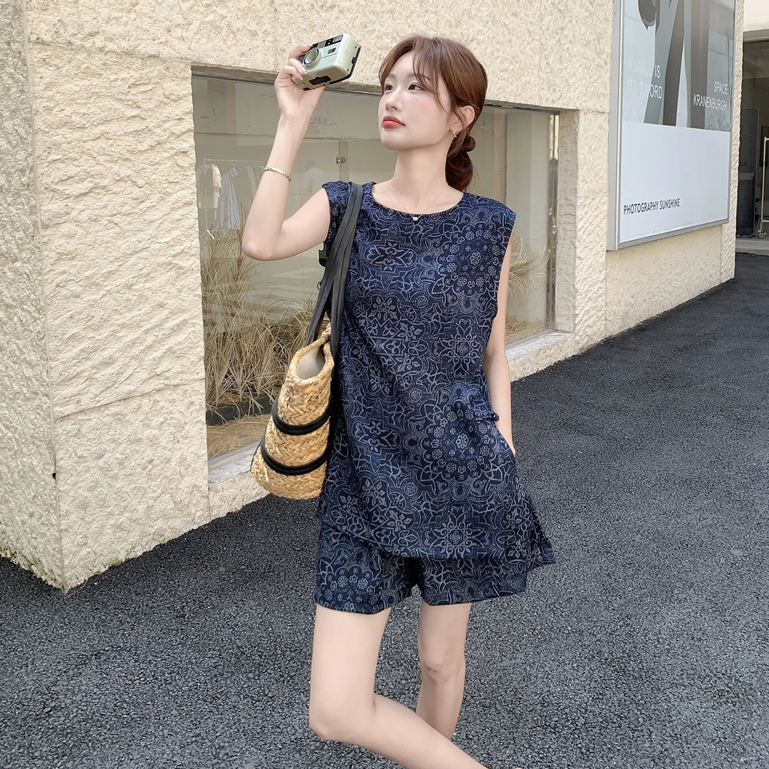 欧货老钱风飞飞袖青花上衣短裤套装女夏2025新款穿搭一整套两件套