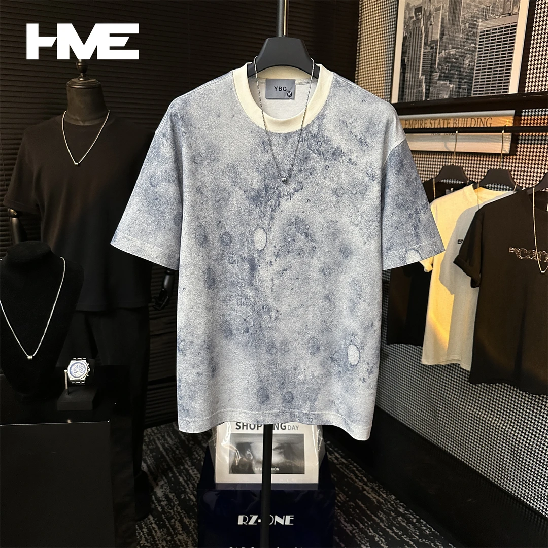 【HMEYAO】夏季原创撞色复古做旧设计轻奢百搭冰感棉圆领短袖T恤男