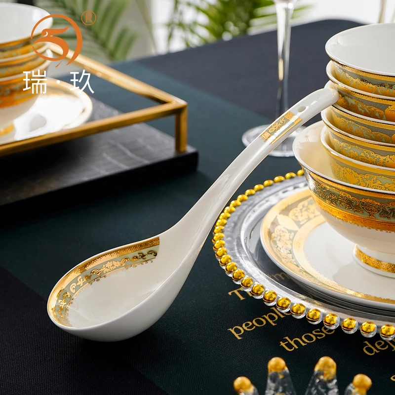 骨瓷大号汤勺家用盛汤大勺子长柄舀粥调羹酒店欧式浮雕金汤匙餐具