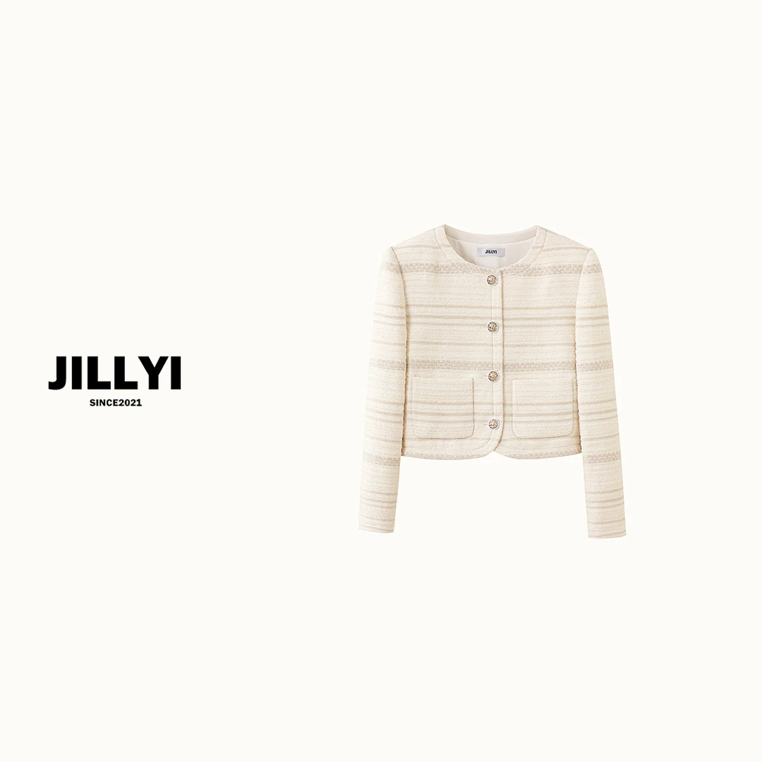 jillyi【云朵之约】杏色圆领粗花呢外套秋季简约时尚百搭