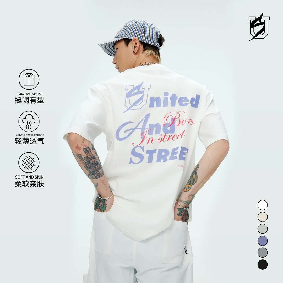 US联邦街牌满背花字凉感短袖夏季美式宽松圆领休闲嘻哈hiphop裤子