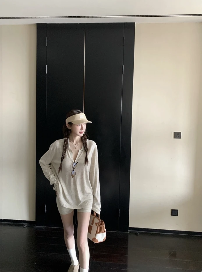 夏季休闲老钱风凉感亚麻轻薄polo衫T恤上衣宽松/针织短裤套装显瘦