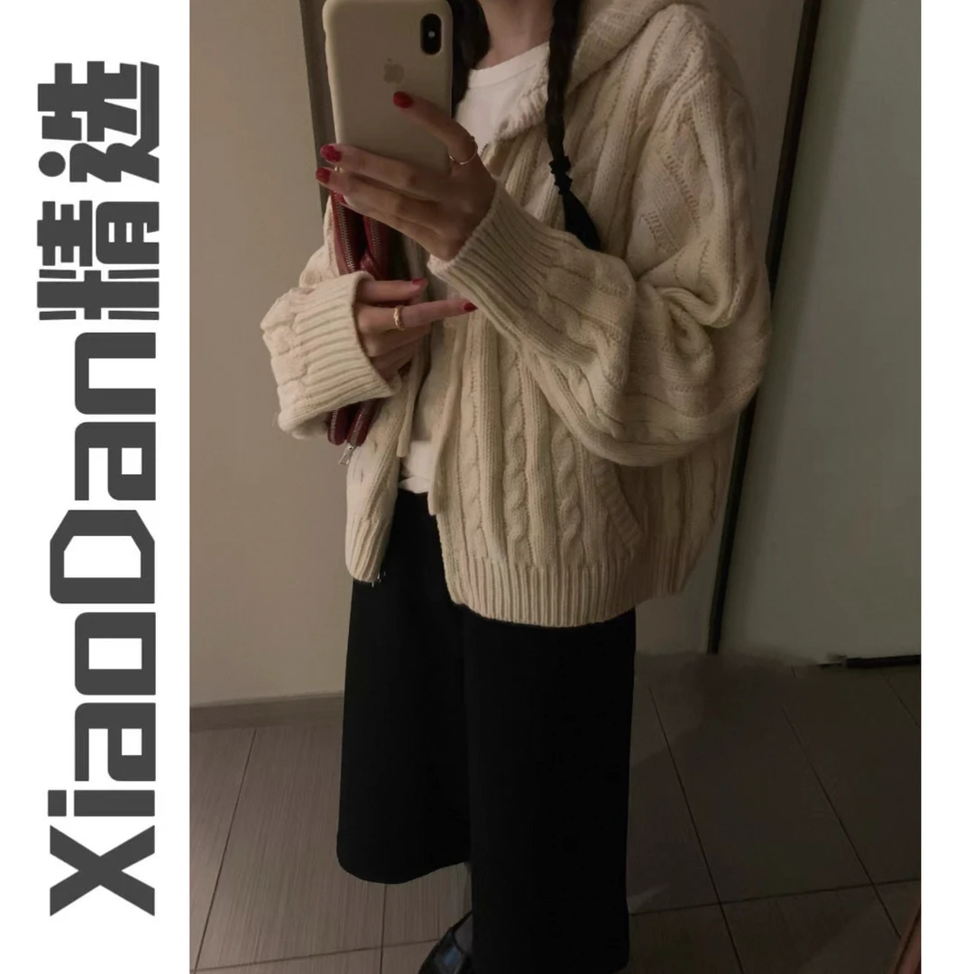 【晓丹精选】韩系连帽抽绳粗麻花毛衣2025589