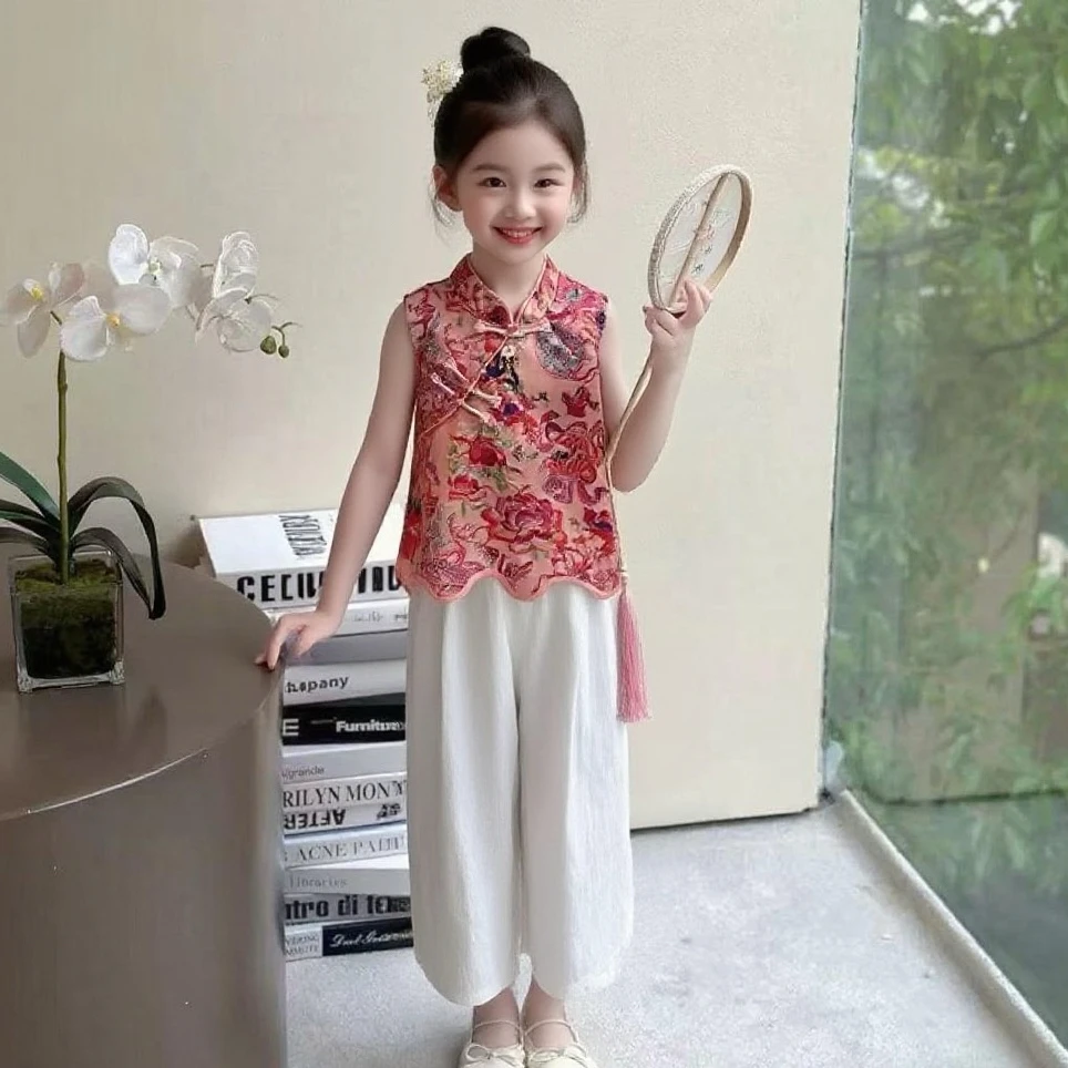 女童提花夏季古风旗袍A类夏款夏装纯色小童碎花洋气
