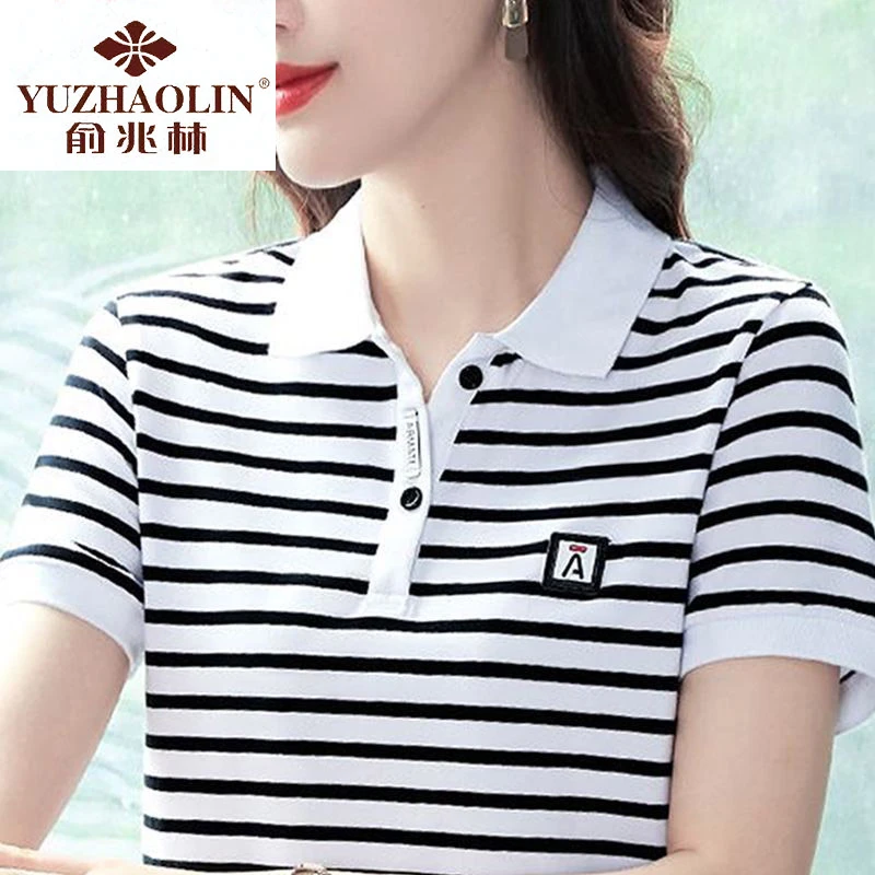 俞兆林短袖T恤女条纹翻领纯棉中年2024新款夏装减龄百搭polo女