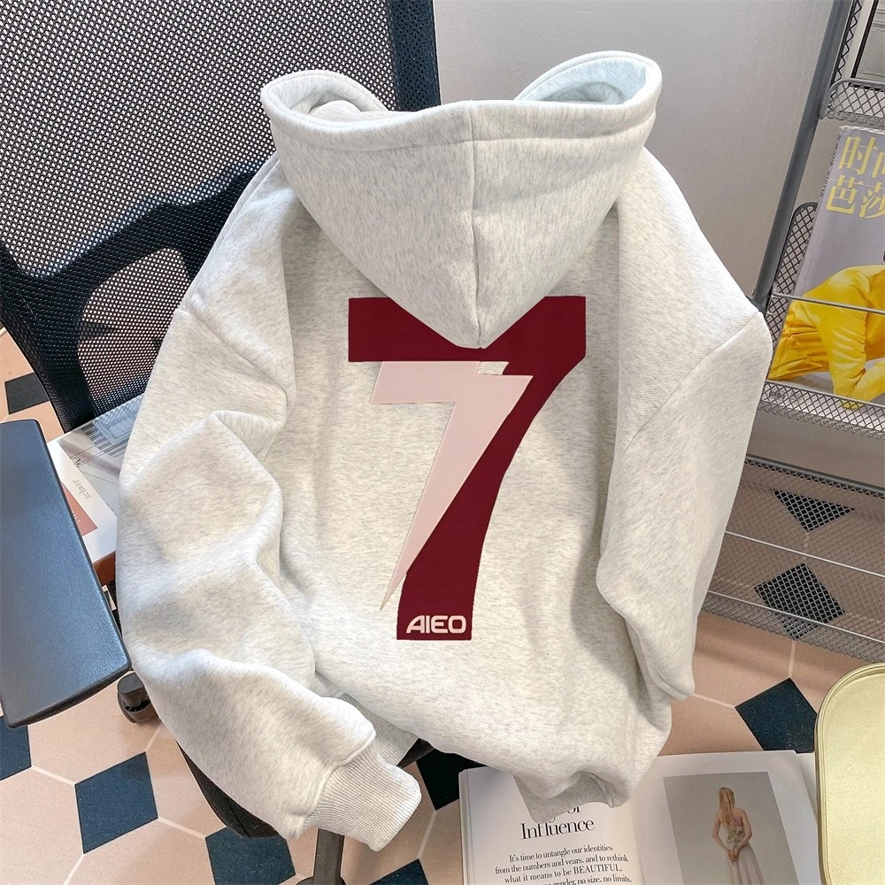 仓石一树灰色潮牌字母即墨连帽卫衣男女秋冬加绒宽松百搭情侣外套