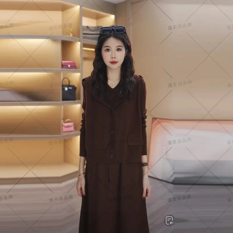 nuobeiyin/诺贝因冬季高腰系带针织连衣裙连帽马甲套装 AMM1916