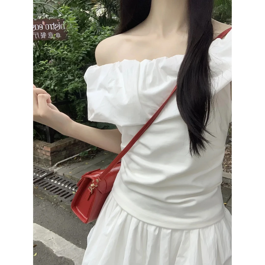 韩系荷叶边一字领露肩短袖t恤女夏季时尚高级感修身显瘦褶皱上衣