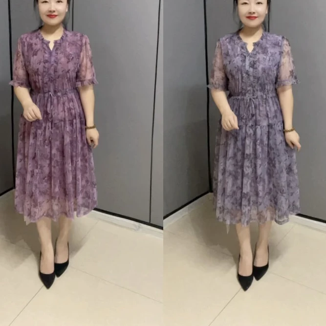 时尚洋气碎花宽松遮肚夏季腰部可调节抽绳中长款妈妈装连衣裙时尚