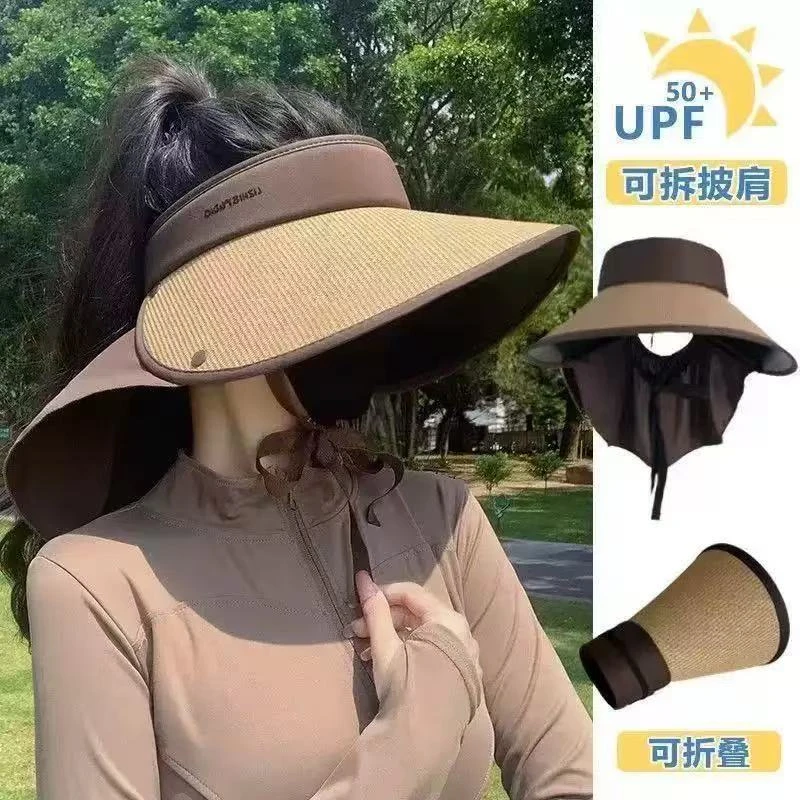 大帽檐防晒帽草编空顶遮阳帽防紫外线护颈