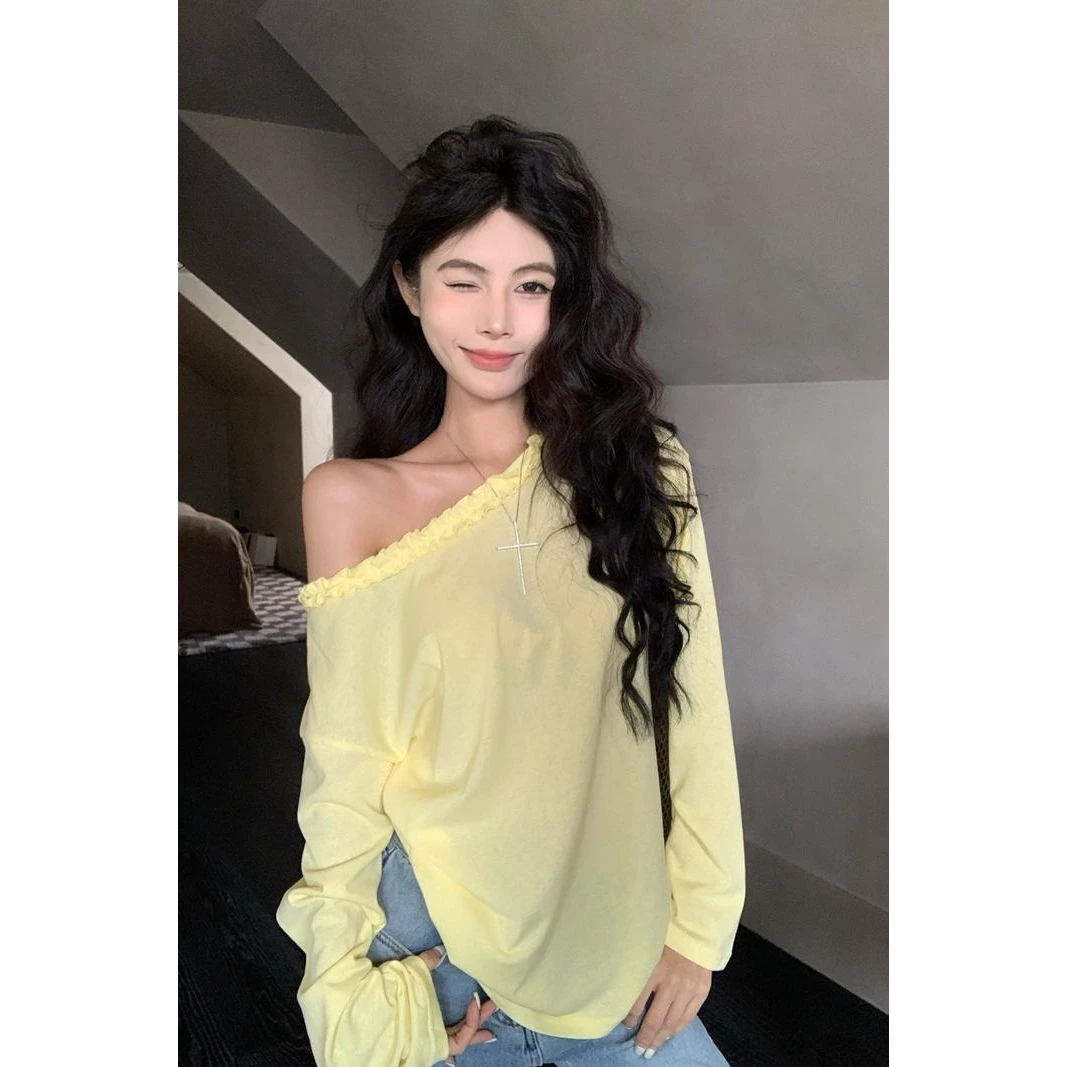 设计感花边斜肩长袖T恤女春夏季新款时尚防晒衫宽松显瘦独特上衣