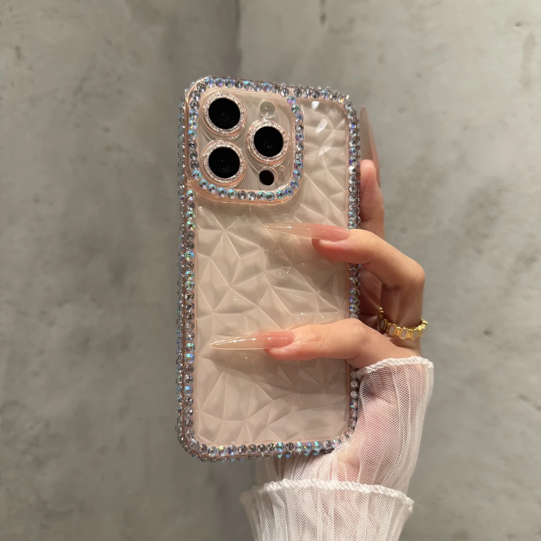 四边框手工闪钻适用苹果16promax手机壳15高级14透明13钻石纹12女