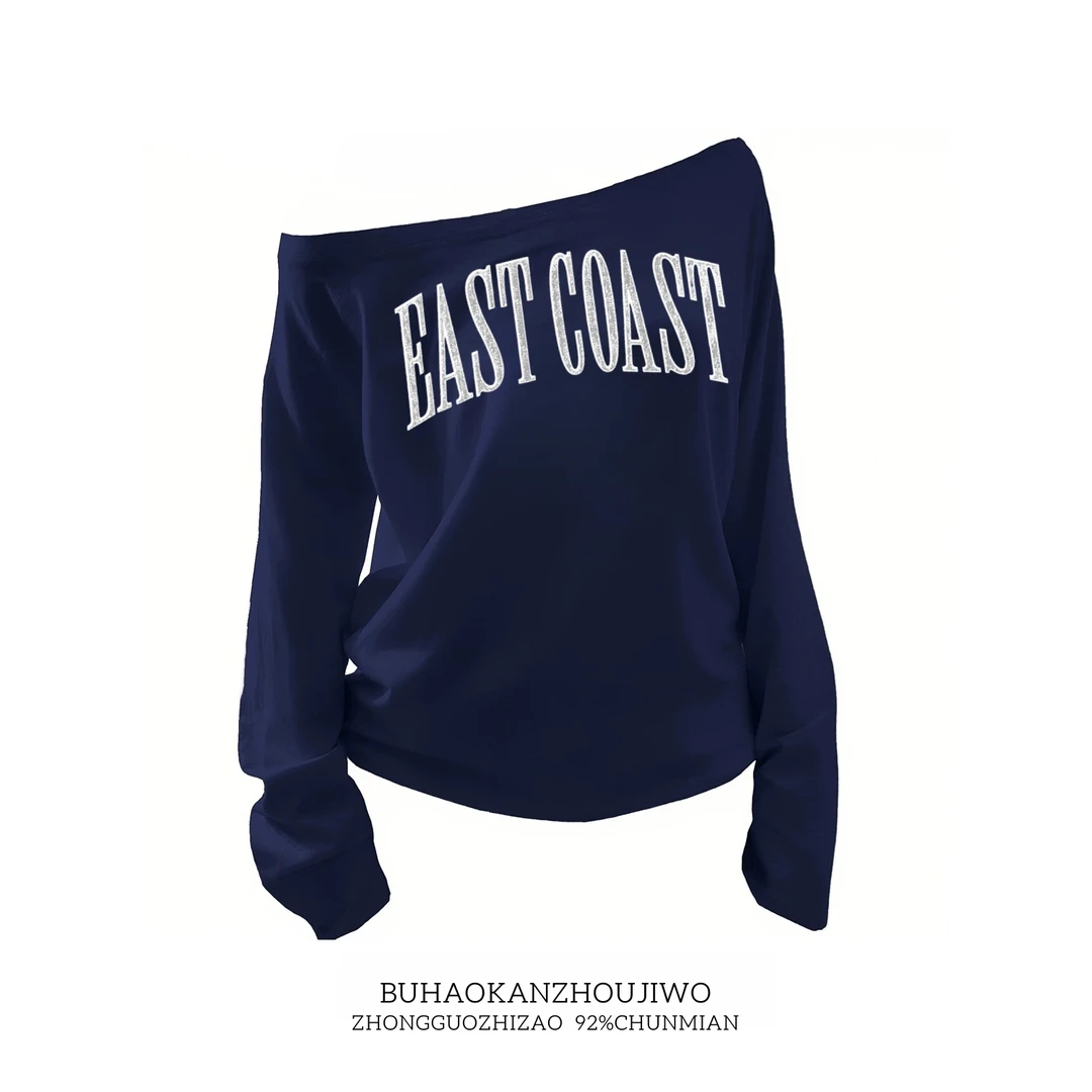 美式复古辣妹斜肩长袖t恤女夏季2025新款宽松慵懒风露肩别致上衣