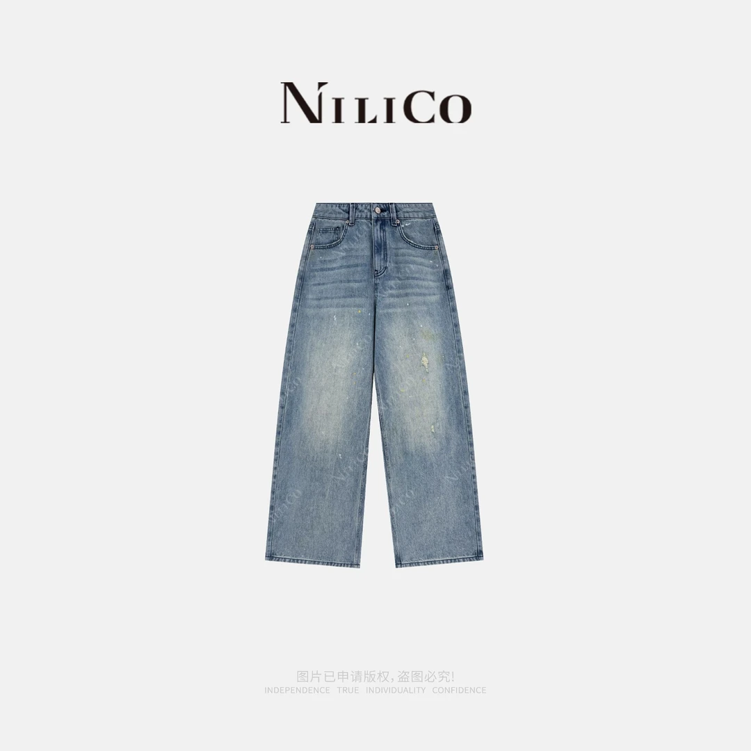 NILICO【涂鸦】擦洗氛围感复古泼墨高腰直筒阔腿百搭显瘦休闲牛仔裤