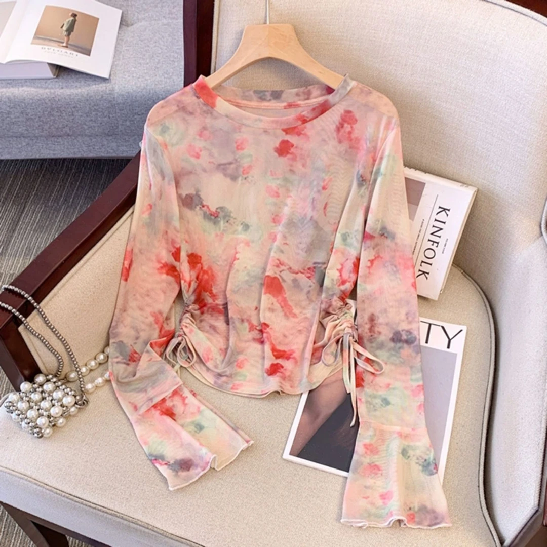 O清仓捡漏夏季法式长袖扎染抽绳褶皱防晒T恤女网纱薄款设计感上衣