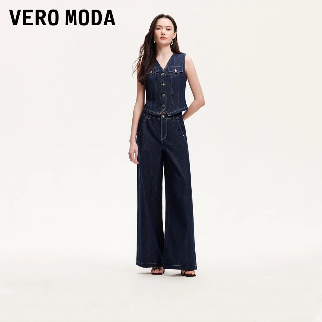 Vero Moda牛仔裤2025夏日穿搭新款马甲明线阔腿裤真两件325264002