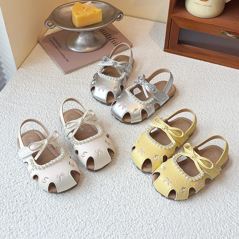 【这双玛丽珍太可爱了】女宝流光刺绣包头凉鞋儿童珍珠蝴蝶结公主鞋