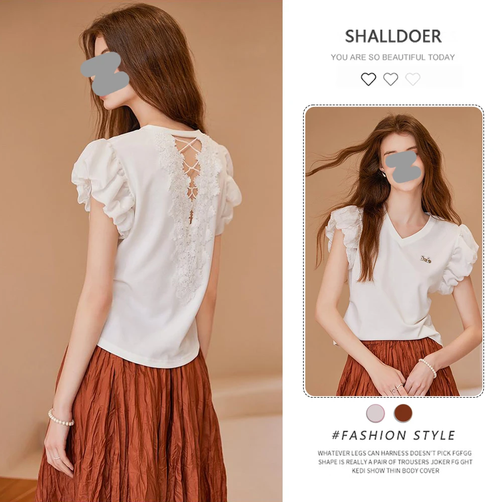 气质侧缝收褶修身短袖V领套头花苞袖T恤2025年夏季新款时尚女装