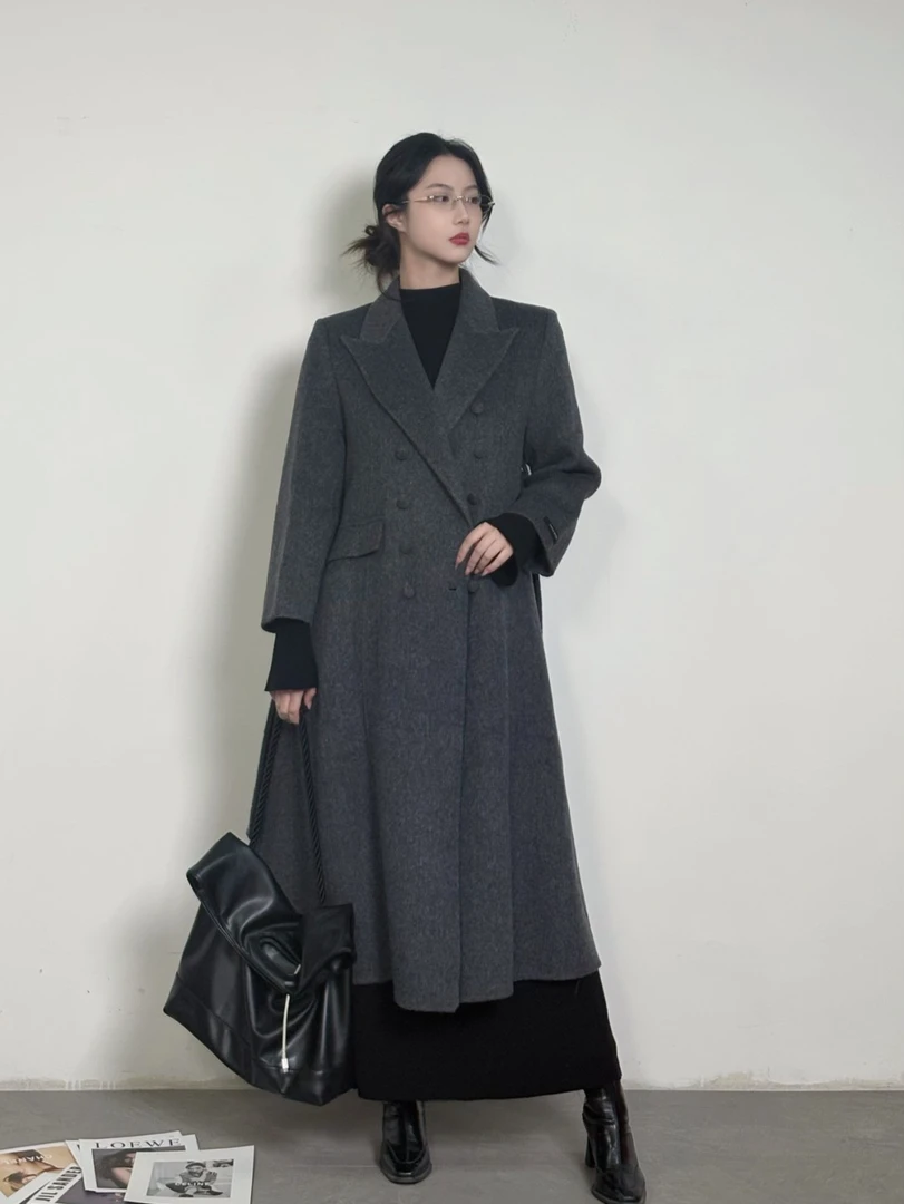 SIJI长款秋冬西装领纯色毛呢外套毛呢设计师气质百搭双面呢大衣