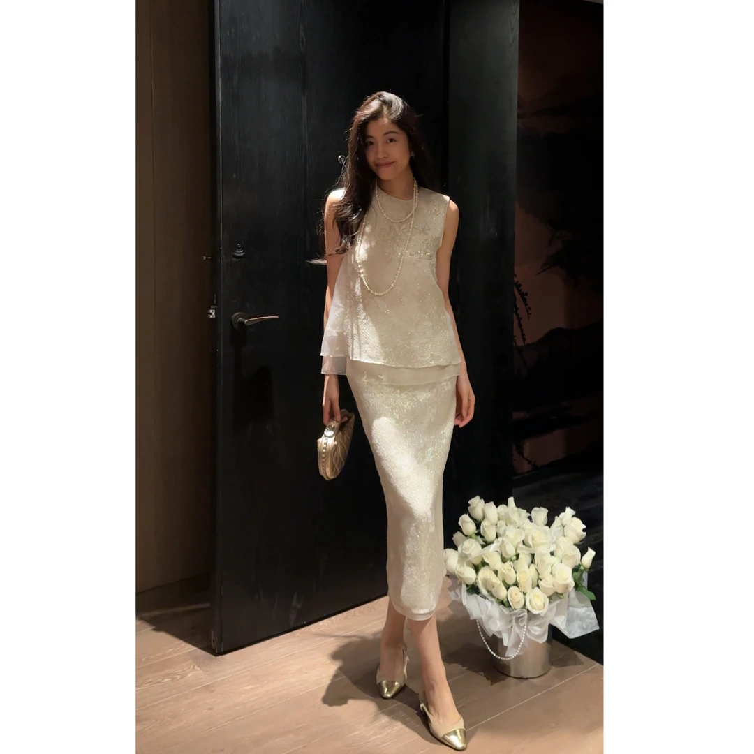 N.COU妮蔻25夏新款新中式国风流光暗纹浮雕提花金丝套装DY22599-1