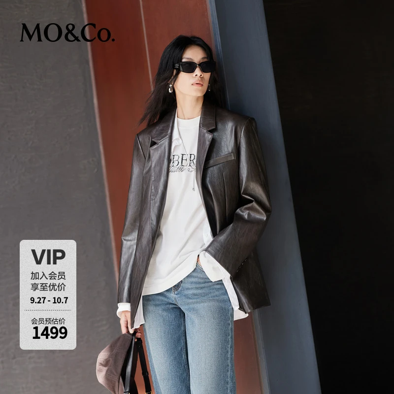 MOCO西装春秋复古烟熏棕色素皮中性垫肩廓形外套MBD3BLA001