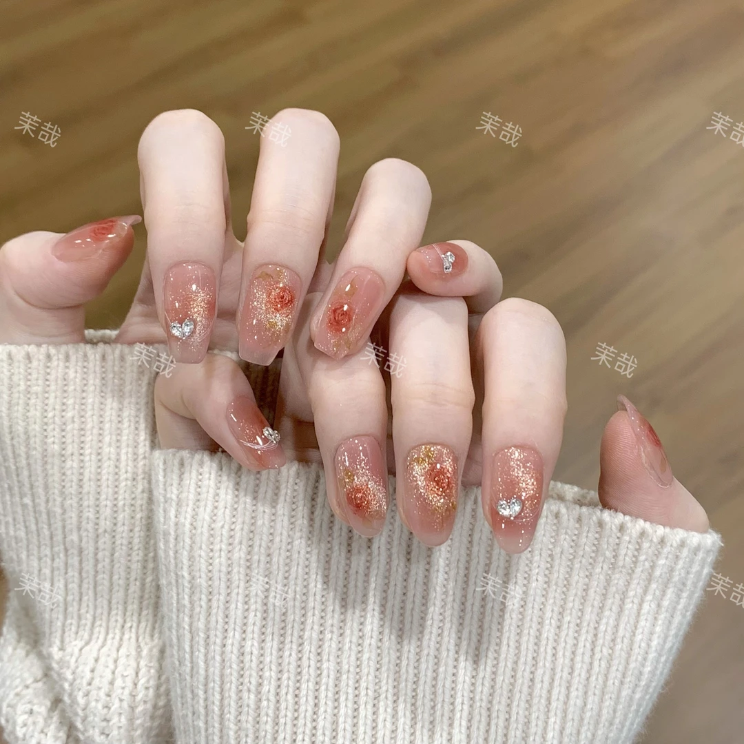 茉哉W【倾心玫瑰】纯手工定制美甲拆卸穿戴甲A4693