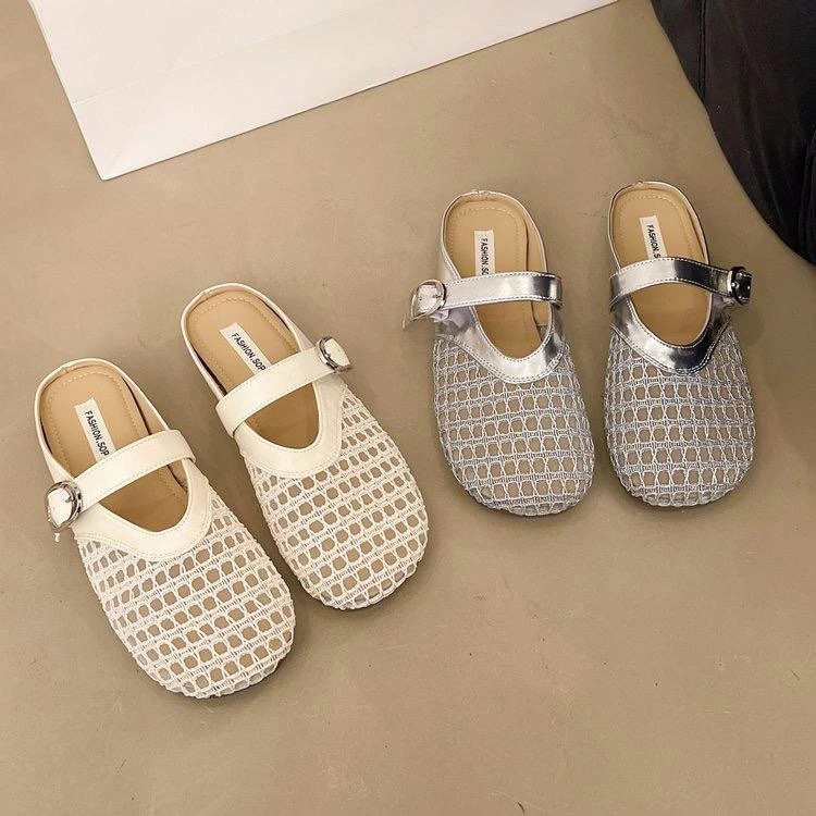 镂空编织包头半拖鞋女夏季外穿2025新款平底透气一脚蹬洞洞鞋凉拖