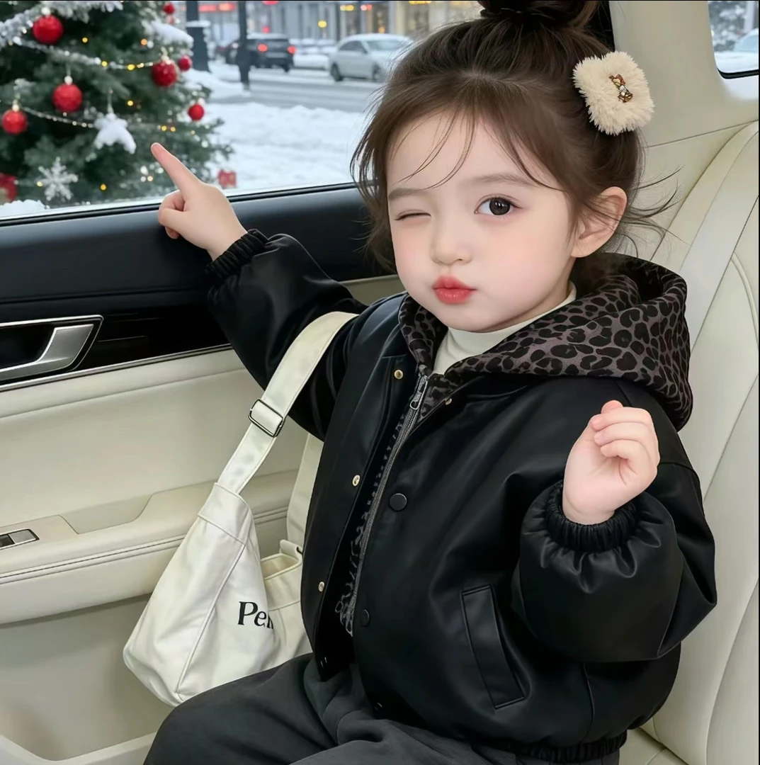 儿童加绒外套冬款男女童假两件豹纹皮衣夹克衫羊羔绒加厚冬装韩版