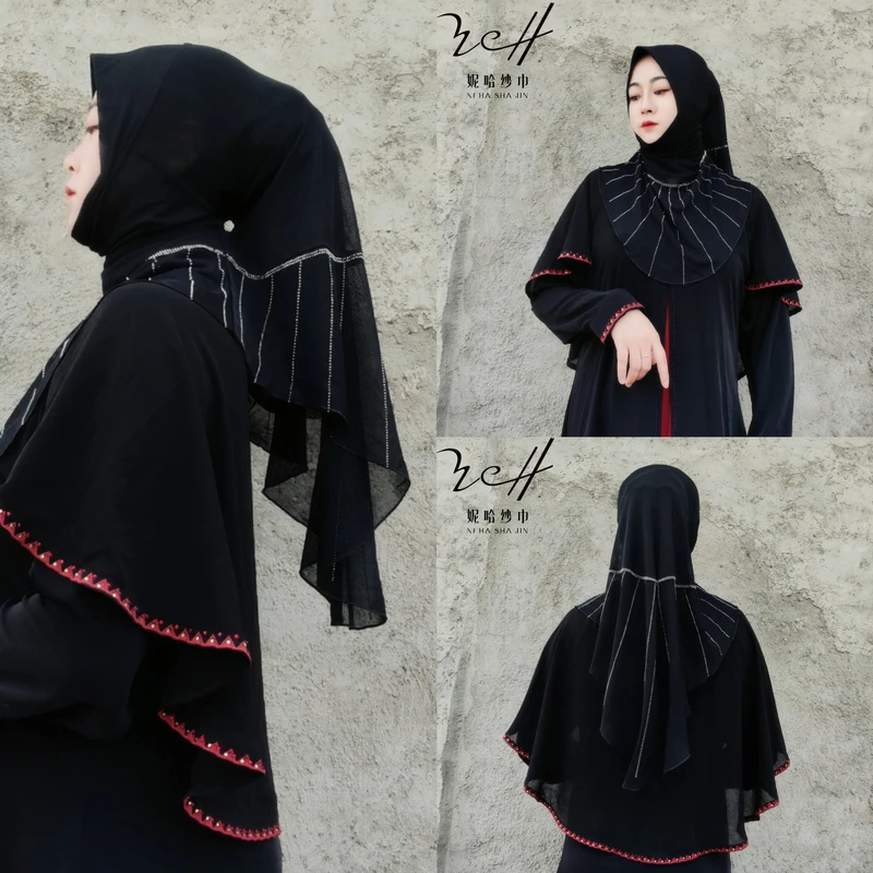 妮哈纱巾工厂（设计款高端竖条烫钻大版纱网软帽檐）新款围巾纱巾