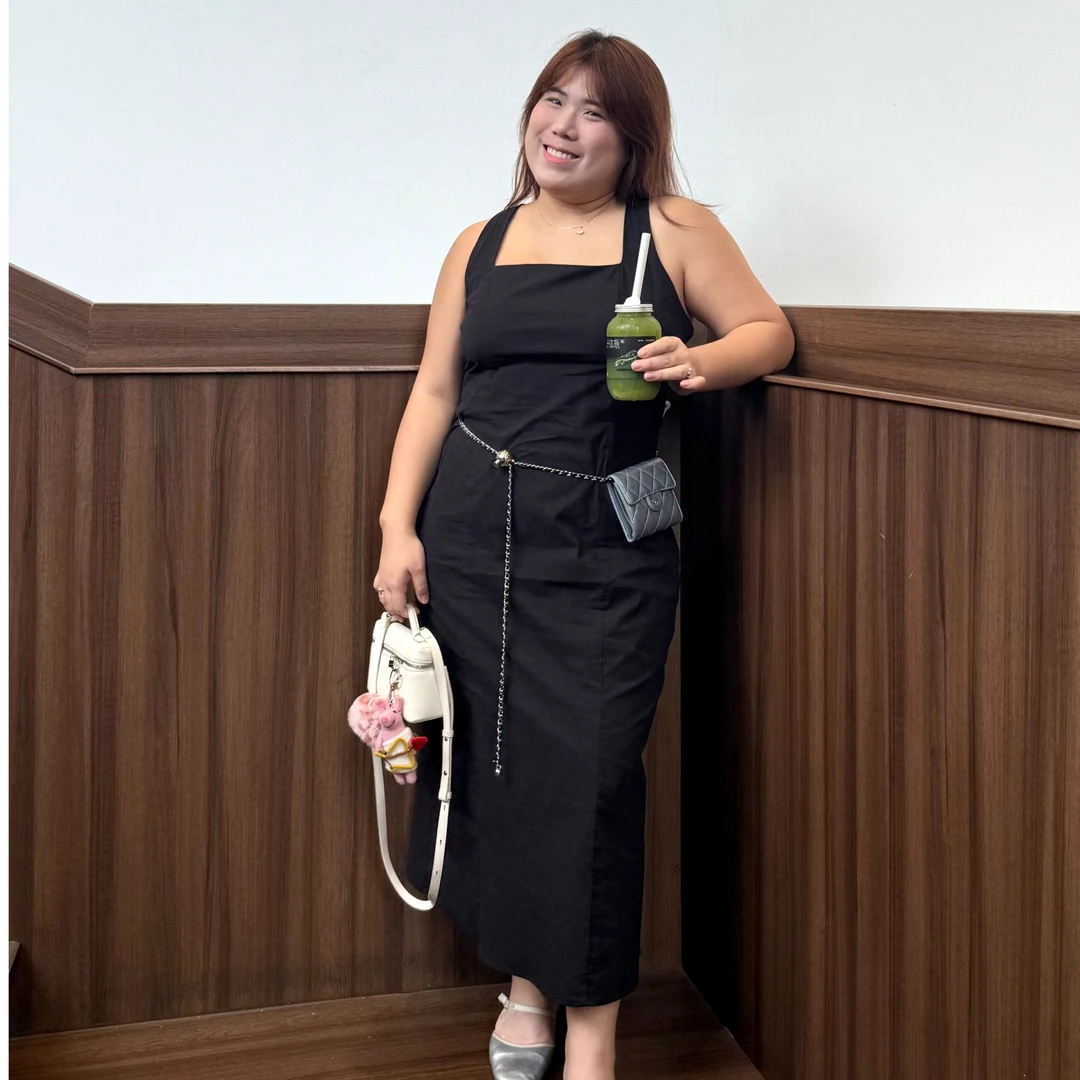 LIANGCTHREE显瘦方领黑色长连衣裙棉麻四季开衩遮副乳