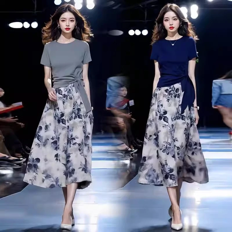 时尚洋气显瘦连衣裙套装女2025夏季新款短袖T恤印花半身裙两件套