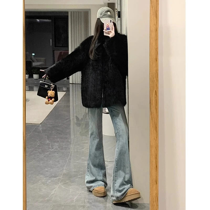 浅色高腰辣妹微喇叭牛仔裤女春夏美式复古宽松显瘦垂感拖地马蹄裤