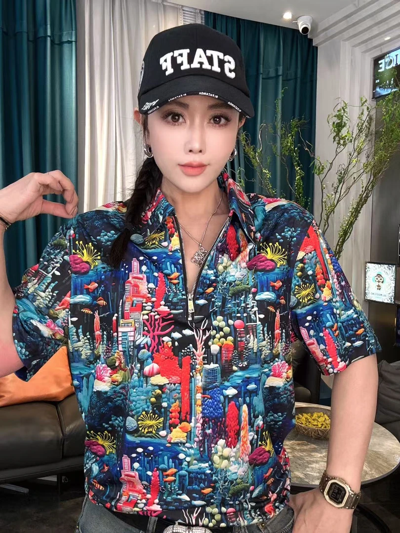 【JDKJ】潮品轻奢高端时尚休闲高端3D立体男士夏季透气半拉链短袖D7