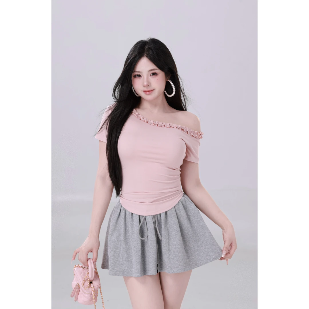 MengFairy现【狙心定律】木耳边领口设计感短袖T恤上衣4776M欧若风