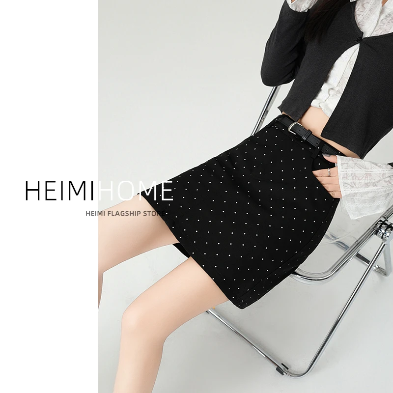 黑色复古波点半身裙女春夏季高腰波点包臀裙小个子休闲a字短裙子