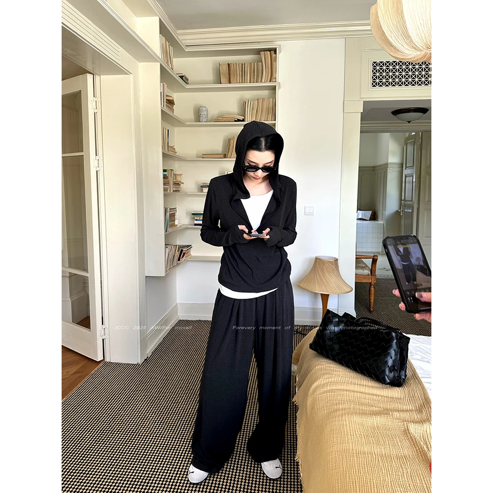 JCCC影子【懒人公式】灰色假两件连帽卫衣直筒裤套装JE5BBS15