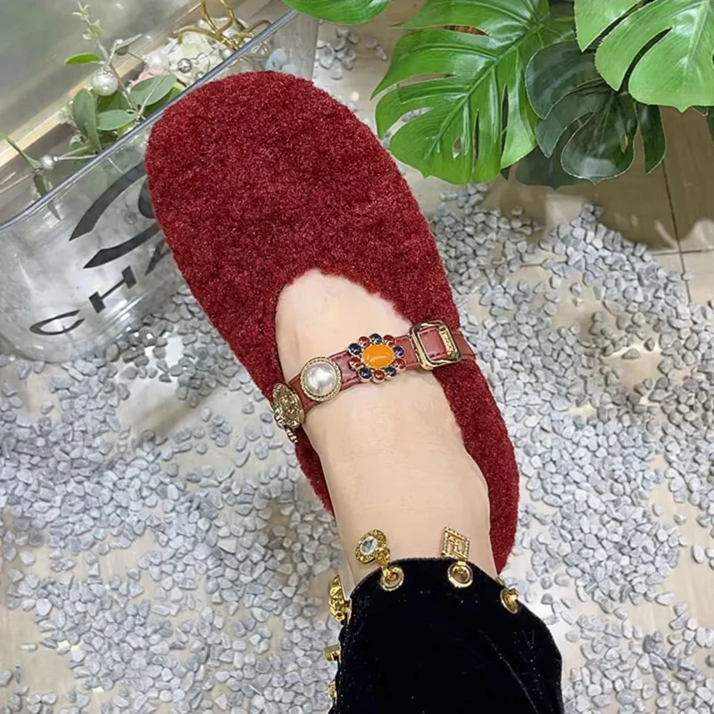 小香风串珠一字带玛丽珍鞋豆豆鞋秋冬季加绒时尚平底保暖毛毛鞋女