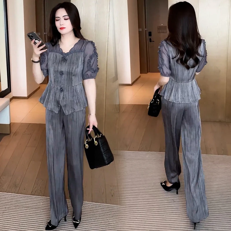 洋气显瘦薄款短袖上衣阔腿裤减龄两件套潮时尚套装女2025夏季新款