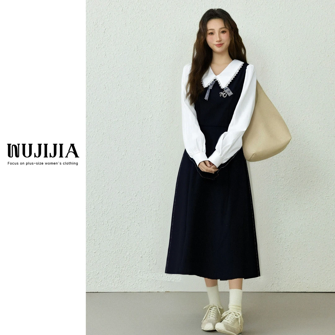 五季家减龄微胖学院风假两件藏青色长/短款连衣裙大码ZL114384