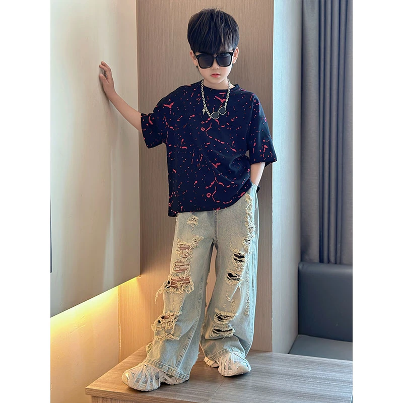 男童夏季个性潮流休闲痞帅破洞牛仔裤复古宽松不规则长裤中大童