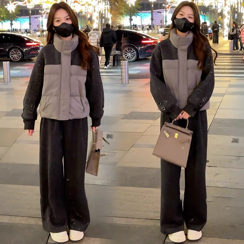 时尚套装女2025冬季新款洋气显瘦立领短款羽绒棉服阔腿裤两件套潮