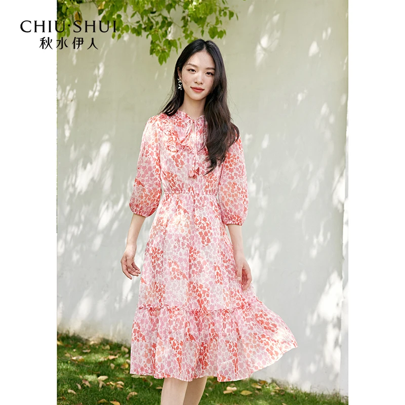 【林一专属】秋水伊人雪纺连衣裙收腰A字荷叶边裙子女623203A020086