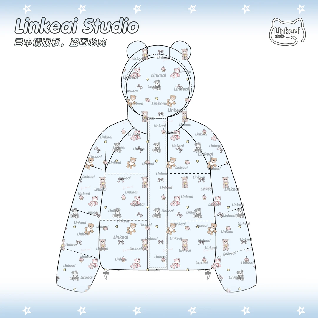 凛可爱 卡通动漫满印连帽厚款保暖棉服女宽松休闲百搭短款棉衣