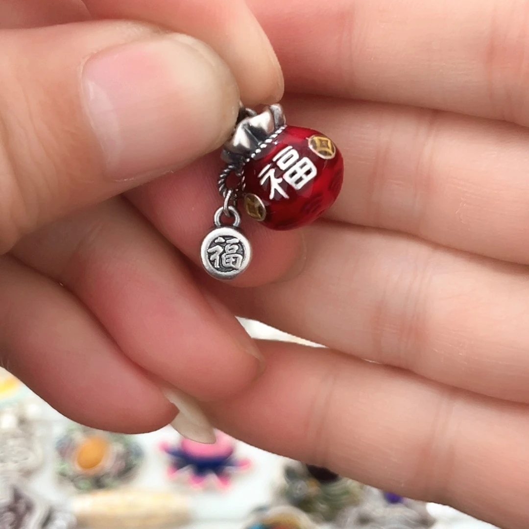 吊坠足银珐琅福袋子