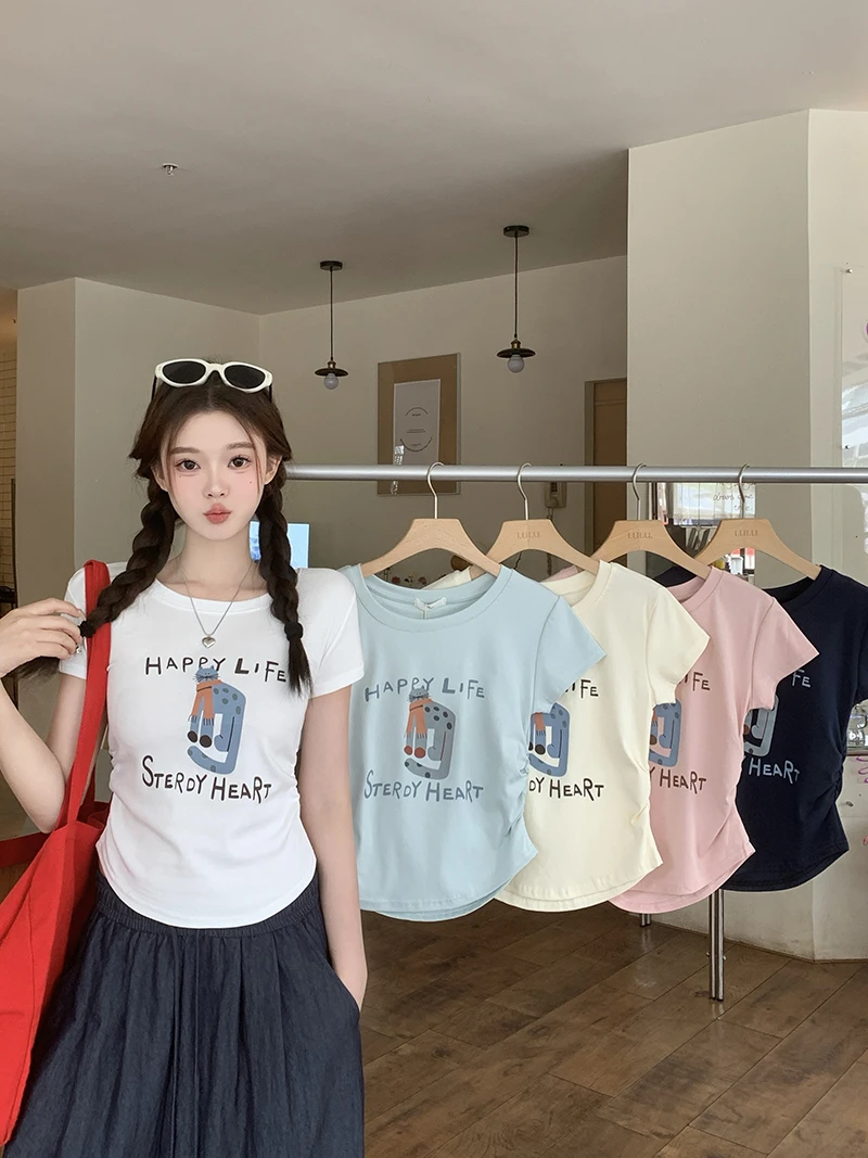 【华华】2025夏装新款胖mm大码女时尚卡通印花弧形正肩短袖T恤33831